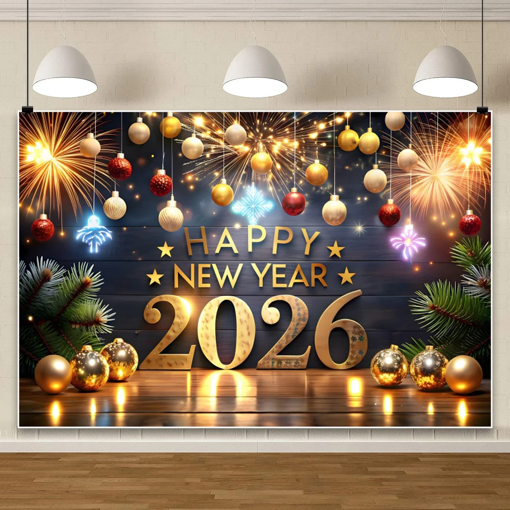 Fondo de Feliz Año Nuevo para fotografía 2026 fiesta de Nochevieja relojes con purpurina dorada champán fondos de Navidad accesorios para disparar