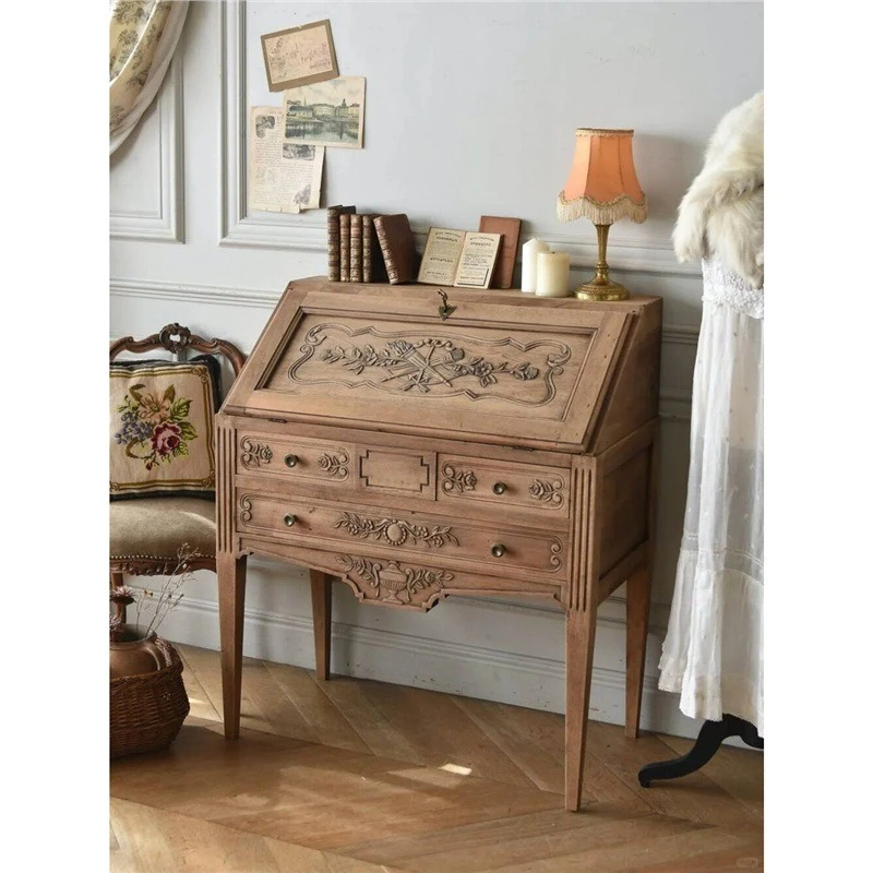 French Vintage Dresser Bedroom Flip with Pumping Storage Folding Writing Table Engraved Chest