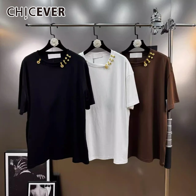 

CHICEVER Solid Spliced Metal Ring T Shirt Female O Neck Short Sleeve Loose Minimalist Luxury Women's T Shirts Fashion Summer New