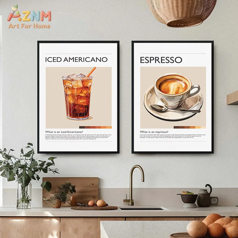AZNM Minimal Coffee Type Canvas Wall Art Espresso Latte Mocha Cortado Iced Americano Text Print Unframed Canvas Painting for Caf