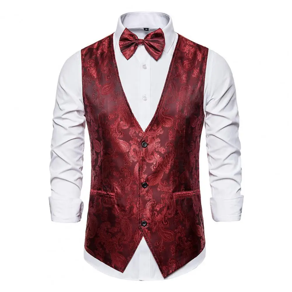 

Men Suit Vest Print Single-breasted V Neck Buttons Sleeveless Slim Fit Cardigan Groom Wedding Waistcoat Formal Vintage