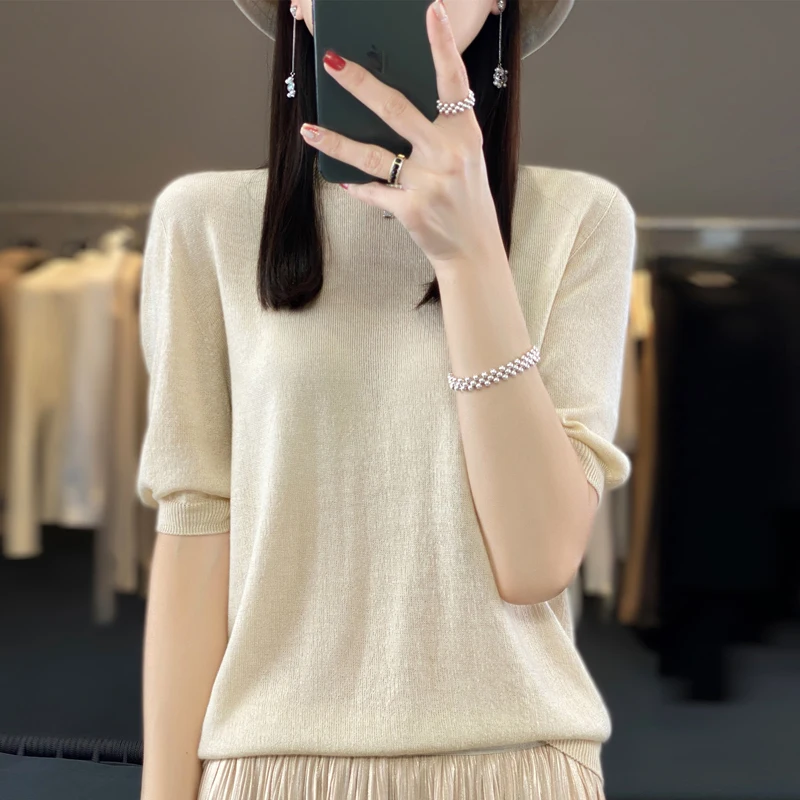 Summer O-Neck Cashmere Sweater Solid Color Half Sleeve women\'s Loose Cashmere Short Sleeve Top