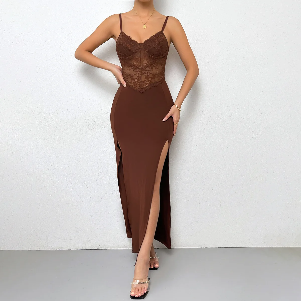 Women Lace Sleeveless Spaghetti Strap Dress High-waisted Slim Long Dress Slit Evening Dresses Basic bodycon Stretch Skinny Skirt