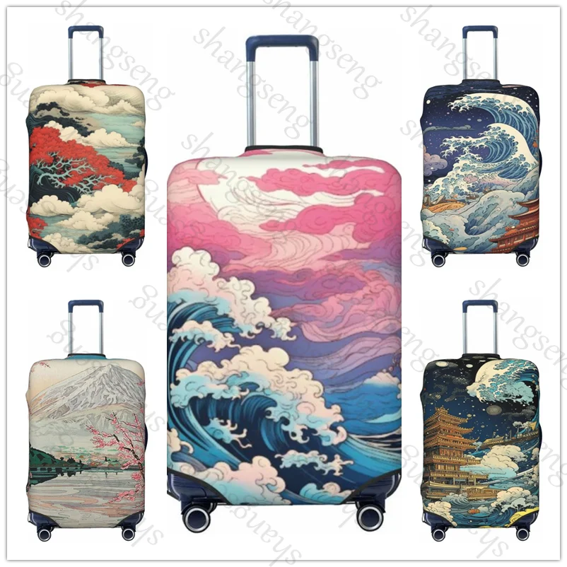Japanese Ukiyo-e Wave Mount Fuji Travel suitcase protective case, suitcase cover, elastic washable Luggage cover, 18-32 in