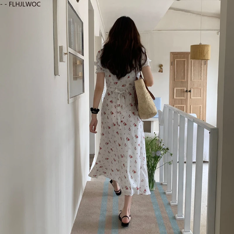 Korea szykowna sukienka 2025 letnie wakacje data dziewczyny V Neck drapowane słodkie romantyczne kwiatowe drukowane damskie długie sukienki Vestidos