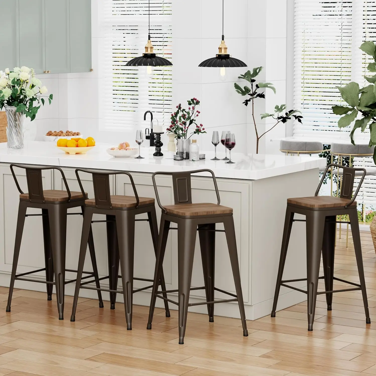 

Alunaune 24" Metal Barstools Set of 4, Industrial Counter Height Bar Stools Kitchen Island Bar Chairs Wooden Seat Low Back-Rusty