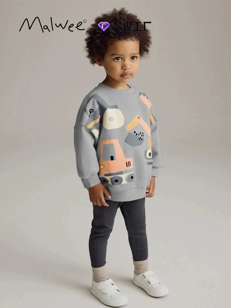 Malwee round neck 2025 new childrens bottoming shirt cute cartoon pattern all-match pure cotton slim slightly elastic sweatshirt