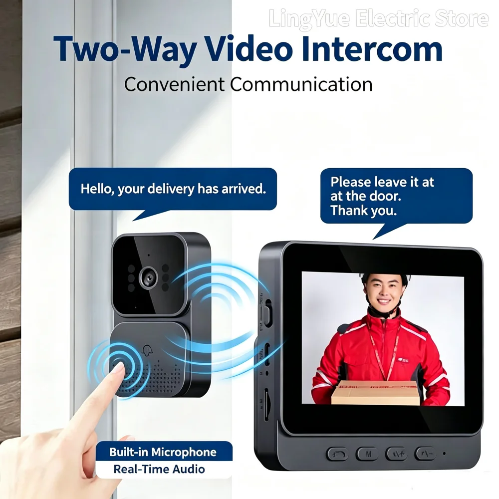 Wireless 4.3Inch Video Doorbell Camera Two‑Way Video Intercom System Infrared Night Vision Wide‑Angle View Home Security Monitor