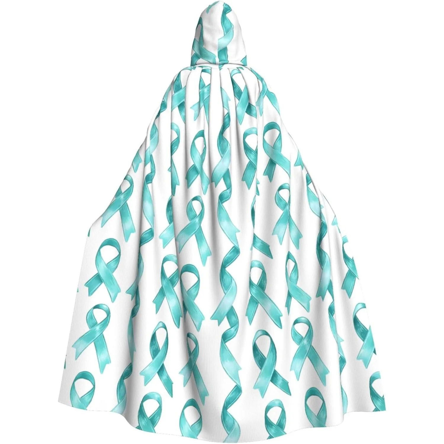 Wizard Cloak with Hood Men Women Turquoise Ribbon Print Witch Hooded Vampire Cape, Halloween Costumes