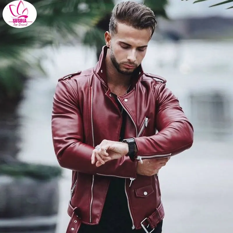 

SUSOLA Male Autumn Winter Men Leather Jacket New Men's Trend Moto & Biker PU Leather Jackets Coat Male Red Jacket