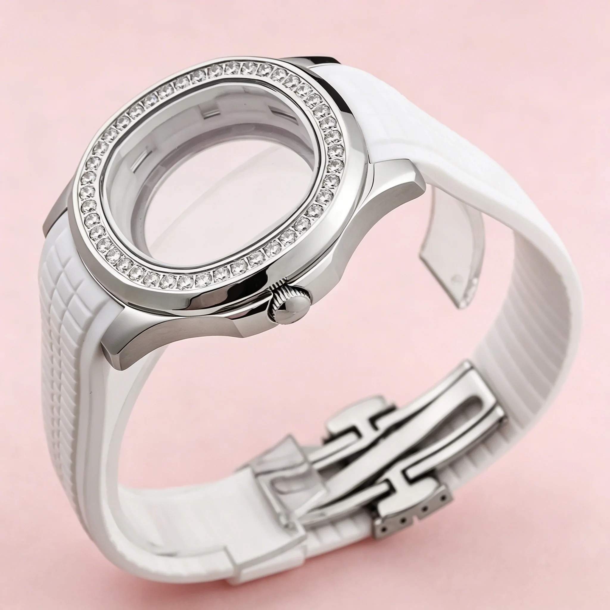 

NH35 Diamonds Watch Case White Rubber Strap Sapphire Glass Stainless Steel Waterproof Case for Nautilus AQUANAUT NH35 Movement