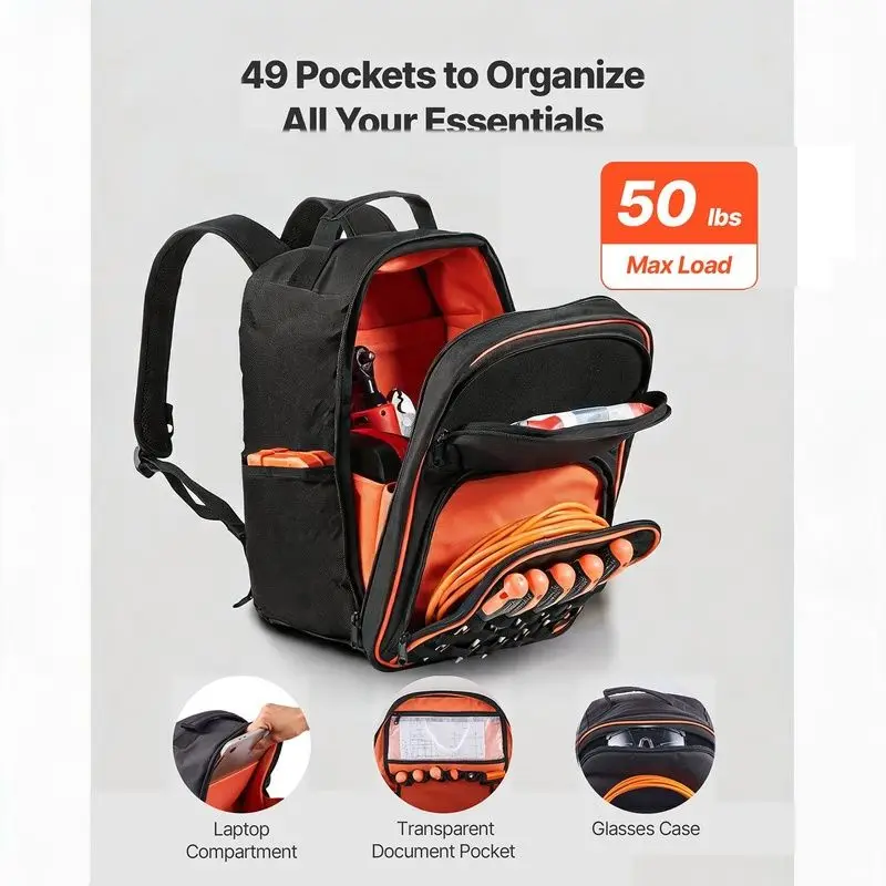 Heavy Duty 49 Pocket Tool Backpack with Laptop Compartment, Reinforced Fabric Base, Customizable Rubber Logo