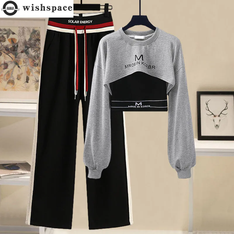 Autumn 2022 New Letter Printing Long Sleeve Top Black Sling Vest Wide Leg Trousers Three Piece Elegant Women's Sports Set