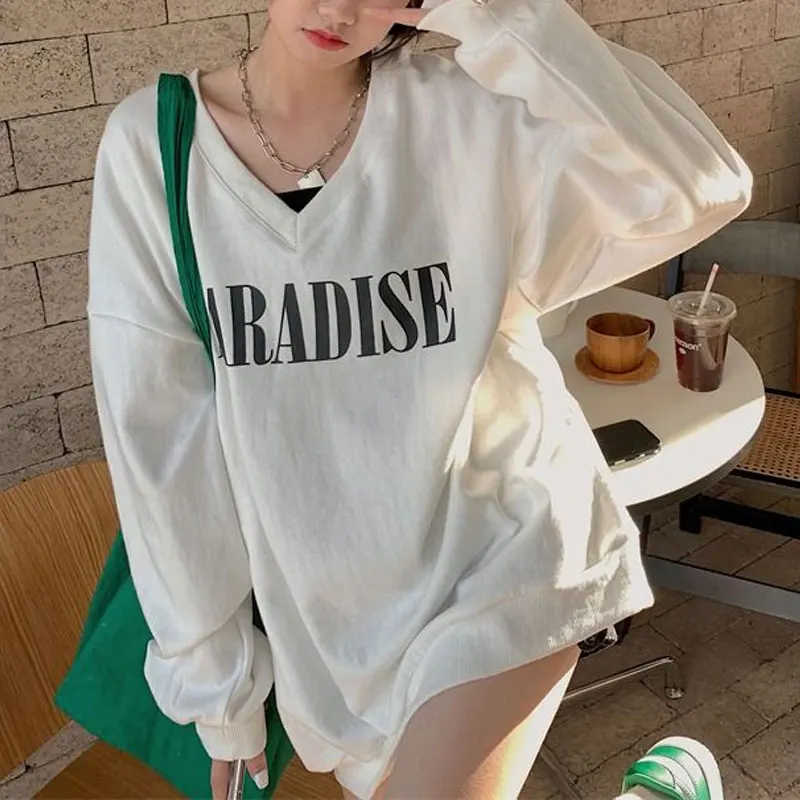 

Korean Fashionable Letter Sweatshirts Women's Clothing Casual V-Neck Spring Autumn Loose Printed Streetwear Long Sleeve Hoodies
