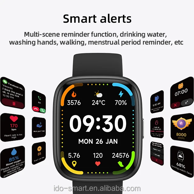 TJXL-2024 New Arrival IDW26 Smart Watch Silicon Strap Fitness Tracker Sport Smartwatch Features Heart Rate/Blood iOS TFT Square
