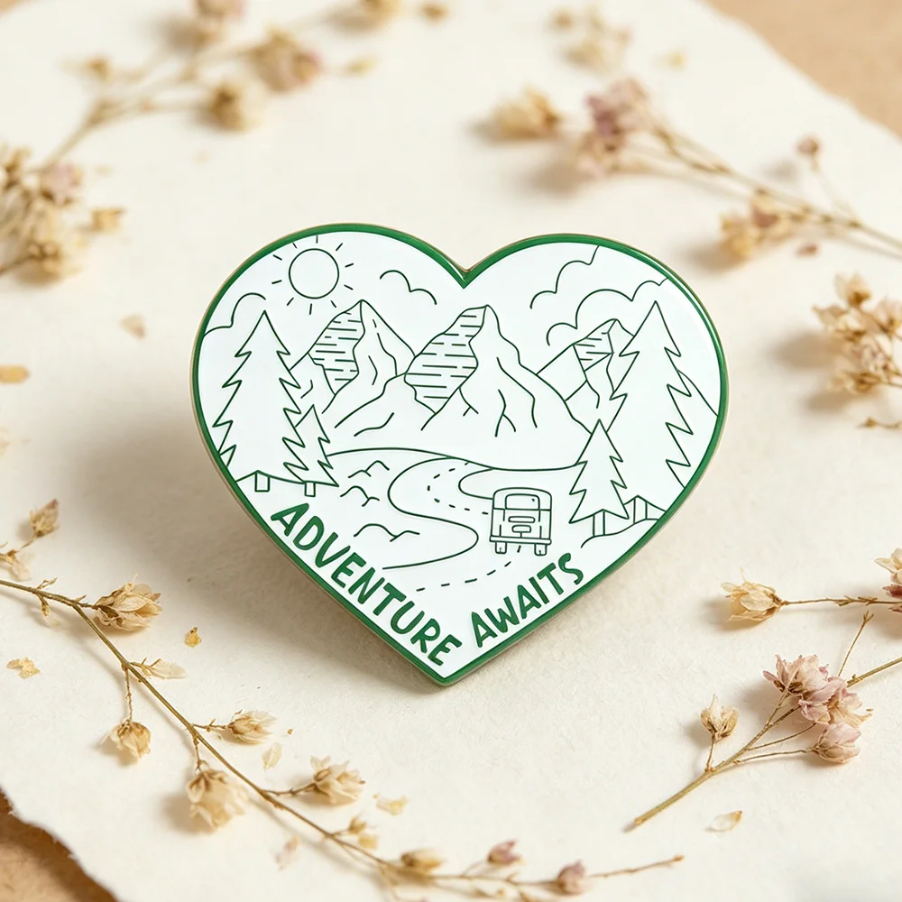 Heart-Shaped Adventure Awaits Mountain Nature Enamel Badge Outdoor Hiking And Camping Backpack Patch Travel Accessory