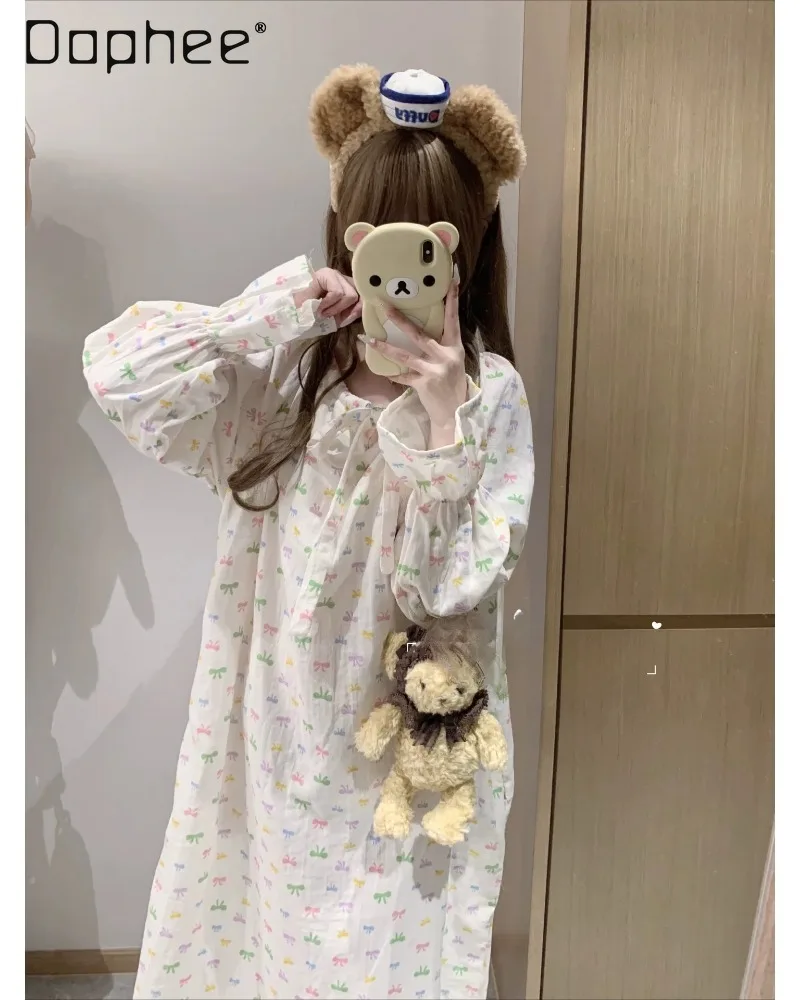 Sweet Adorable Girl-style Colorful Bowknot Printed Nightgown with Loose Trumpet Sleeves Casual Women's Homewear for Relaxation