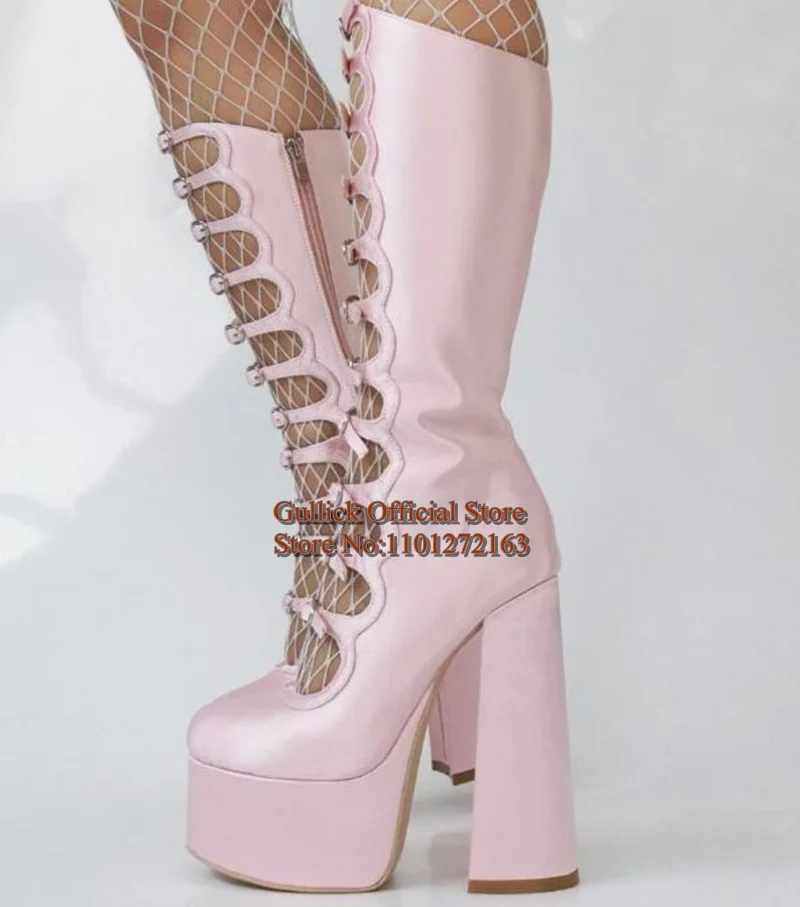 Satin Pink Platform Woman Chunky Boots Round Toe Belt Buckle Straps Side Zipper Knee High Boots Modern Party Evening Shoes