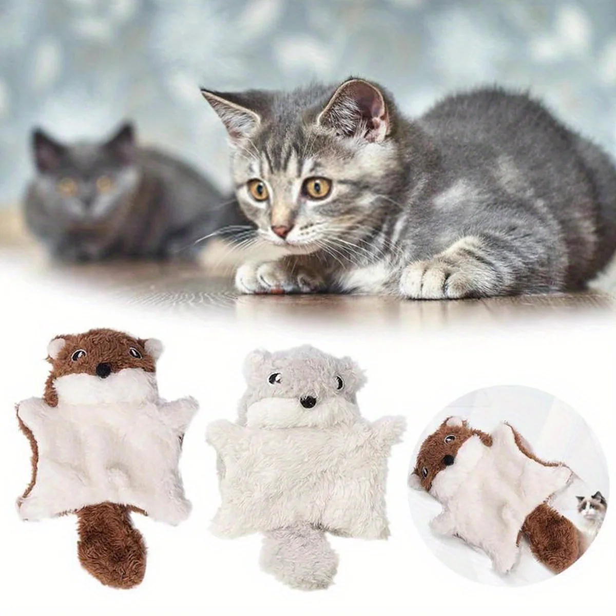 Lustiges interaktives fliegendes Eichhörnchen-Katze, quietschendes Plüschspielzeug zur Reduzierung von Langeweile, Katzen-Kauspielzeug für die Zahnreinigung, Haustierspielzeug für Katzen