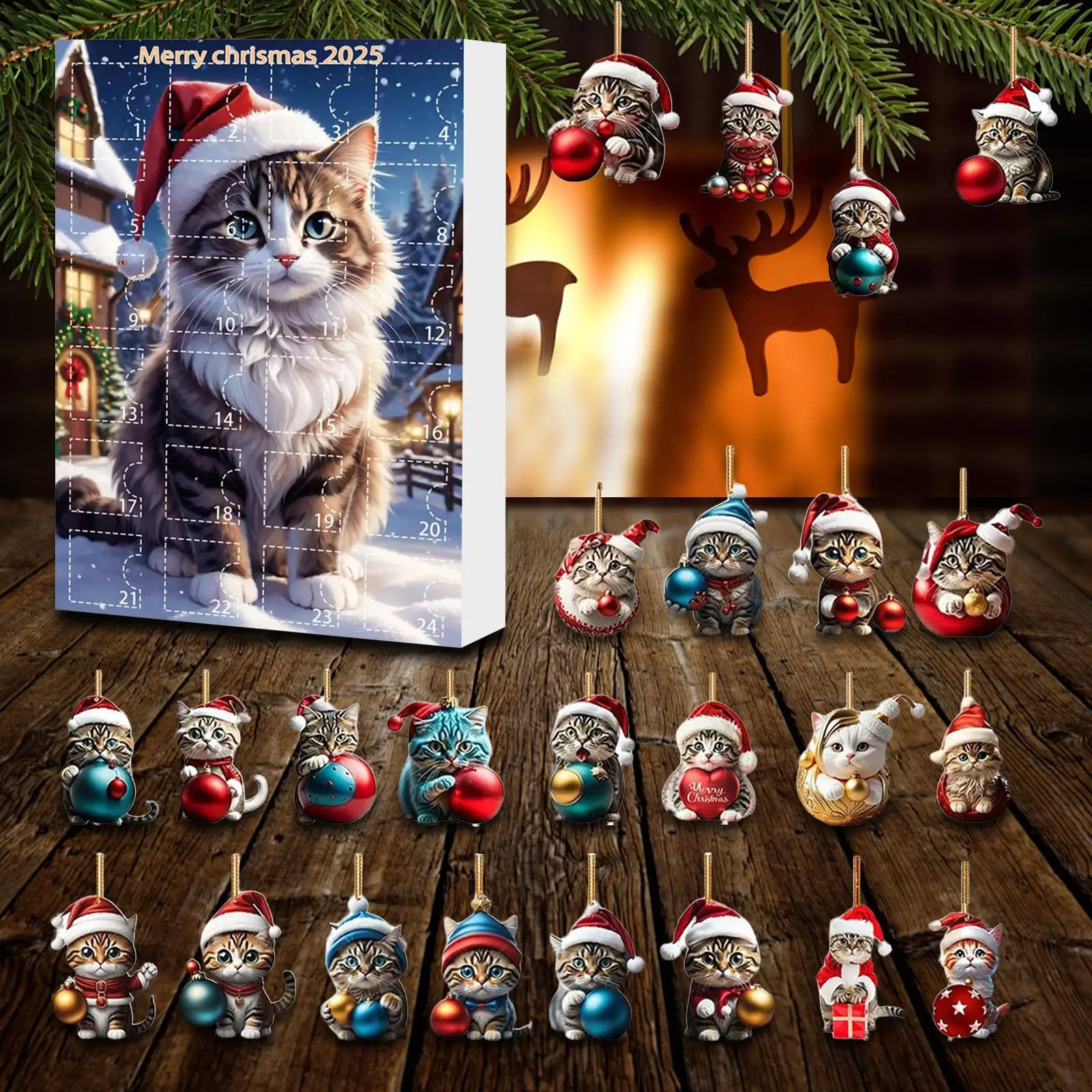 24-teiliges Katzen-Weihnachts-Adventskalender-Set – 2D-Acryl-Ornamente mit süßem Kätzchen für Baum, Fenster, Wand, Tür, Auto-Rückspiegel