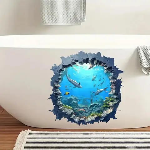 3D 수중 세계 변기 스티커, 집 장식용 밝은 욕실, 비닐 동물 데칼, 아트 벽 종이, 포스터