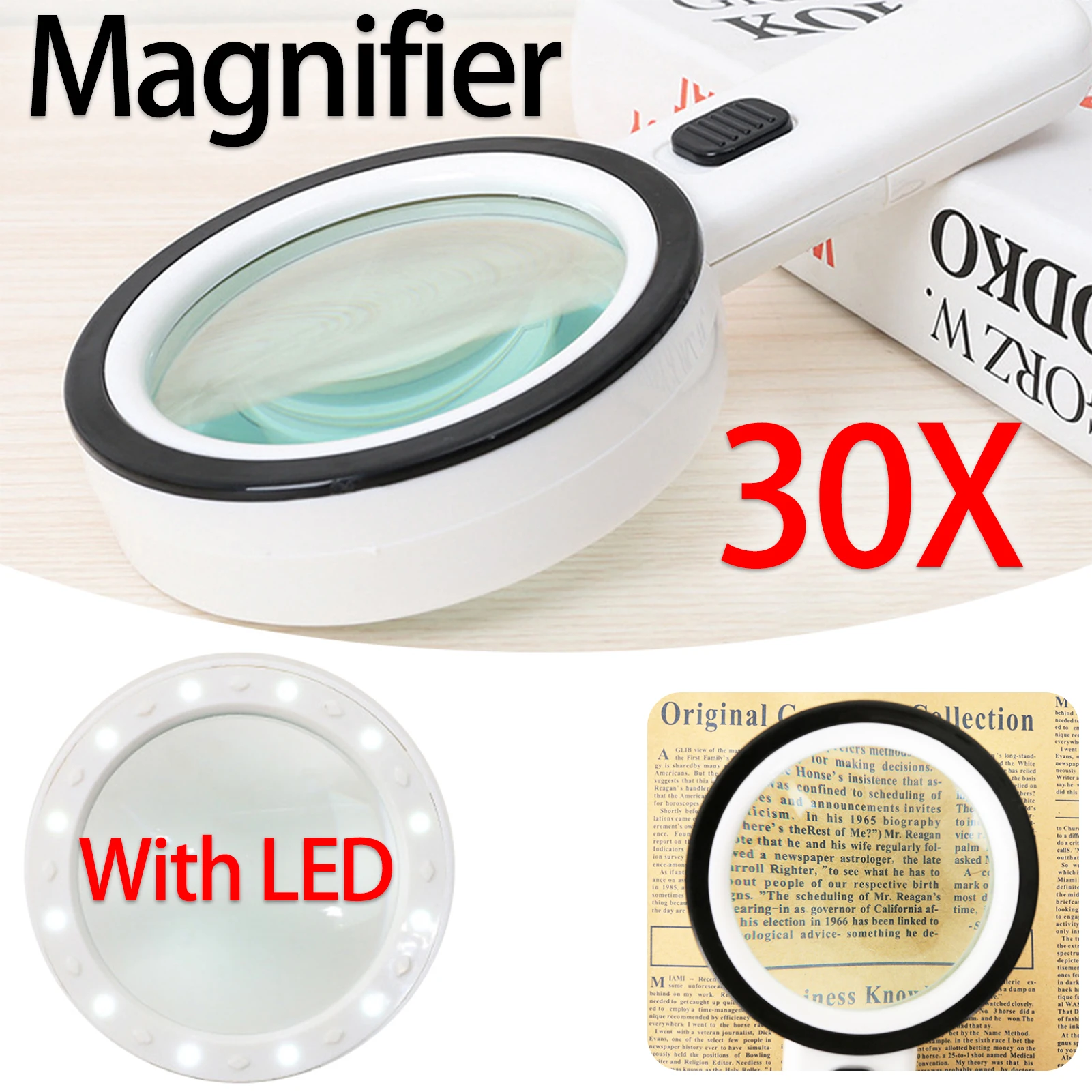 30X Magnifier Handheld LED Glasses With Illumination Microscope Magnifying Glass Lens Reading Jewelry Glass Repair Tool