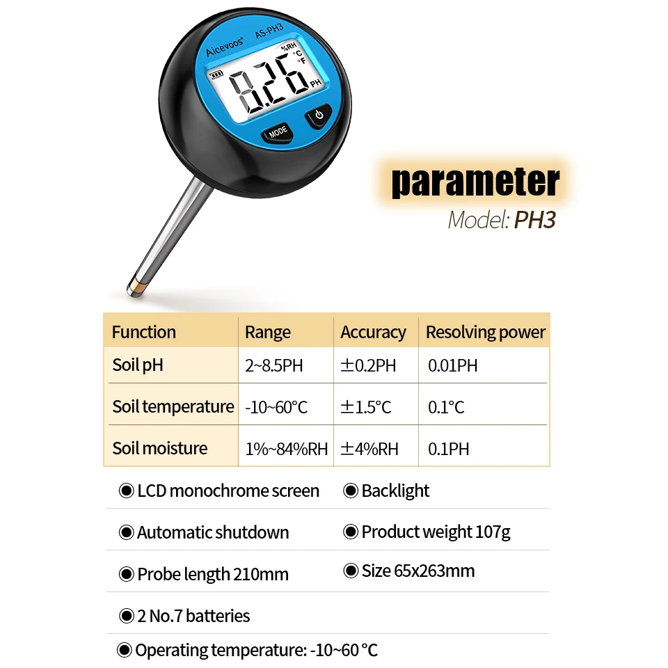 Aicevoos-medidor de Ph del suelo Digital 3 en 1, Monitor de temperatura y humedad, probador de acidez de Ph, jardinería, agricultura