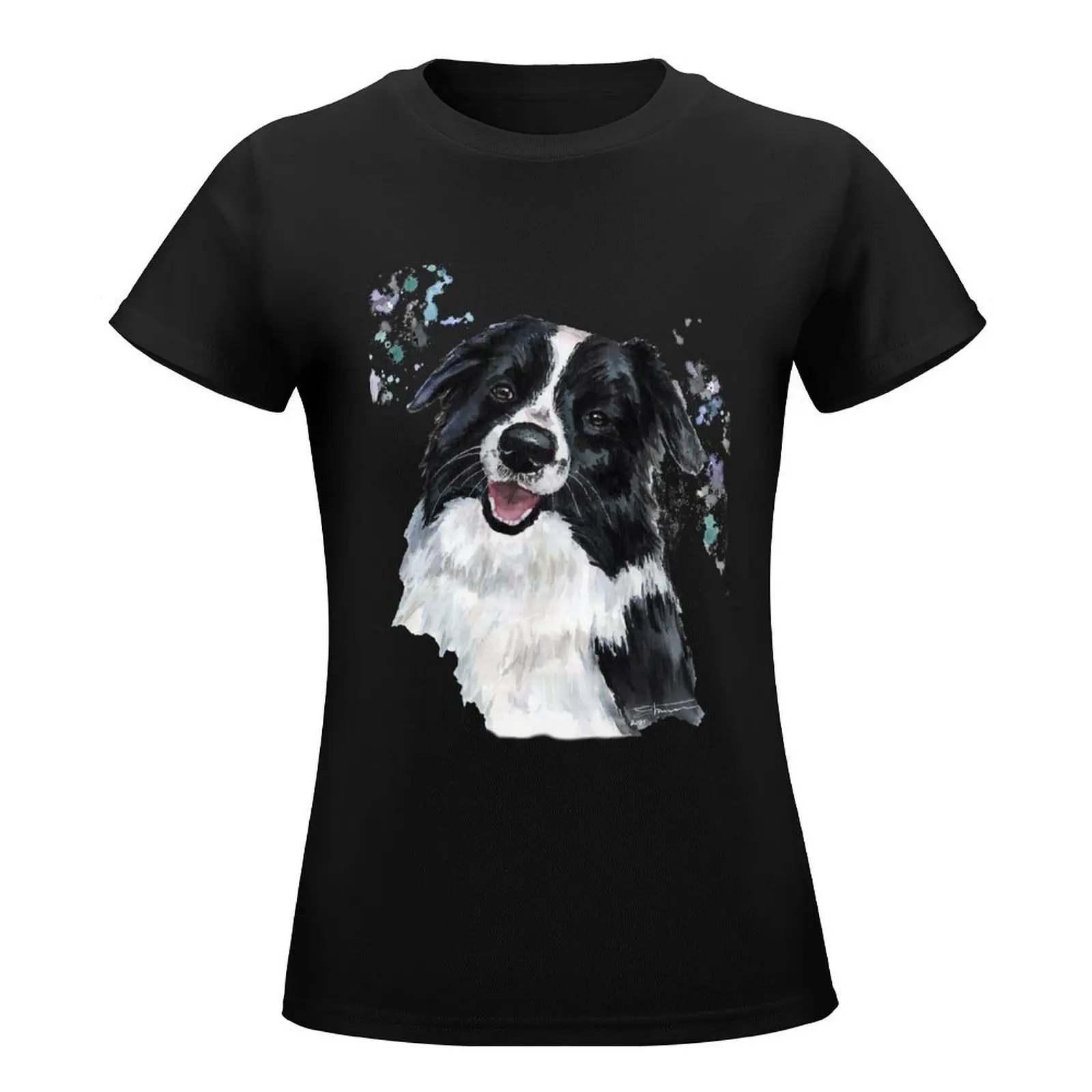 Watercolour Border Collie T-Shirt korean fashion lady clothes T-shirt Women