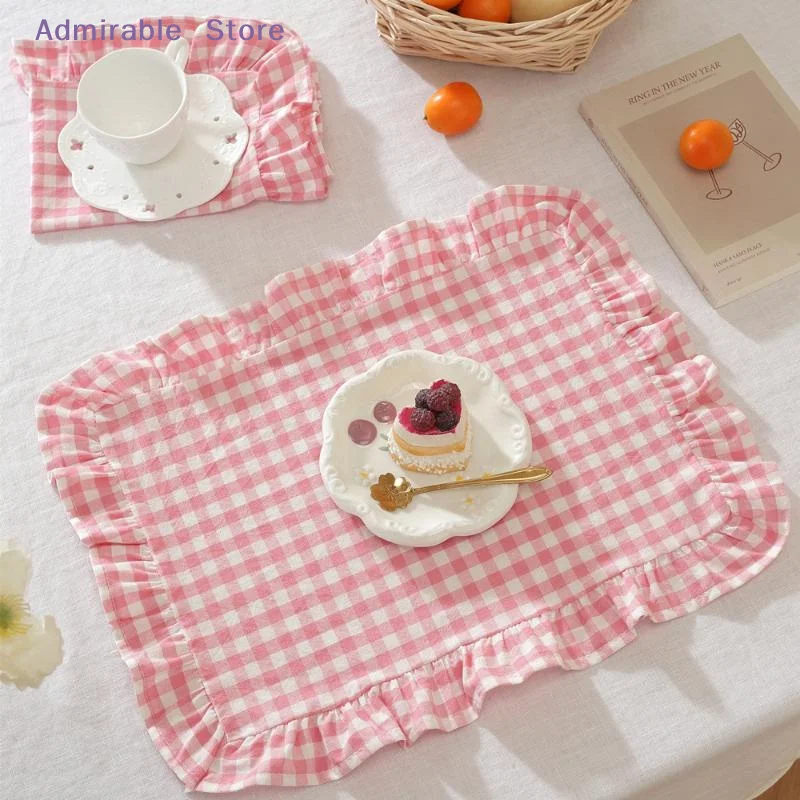 Decorative Ruffle Placemat Set in Pink Blue Stripe Suited For Kitchen Dining Room Spaces