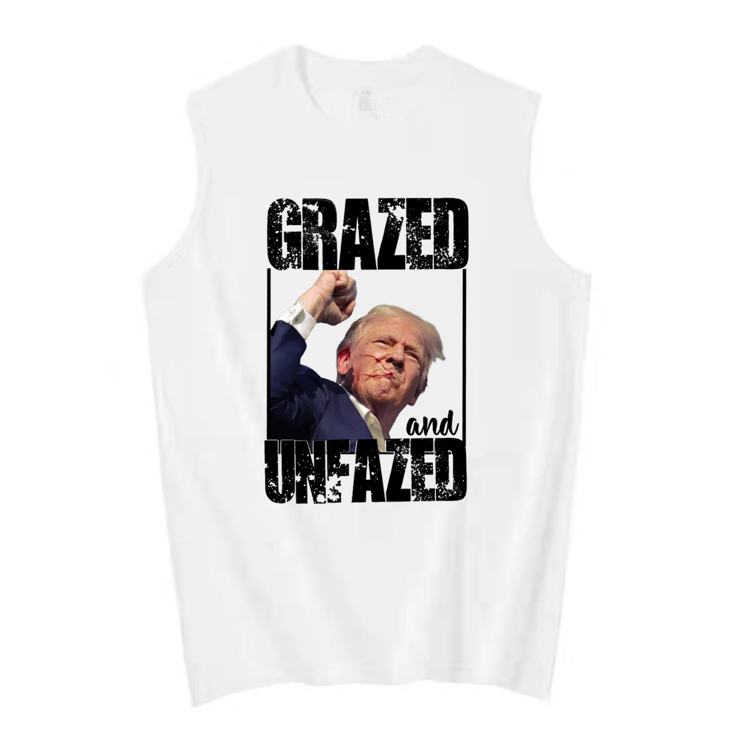 Grazed and Unfazed - Trump Get Shot 2024 Election Rally Tank Top 100% Cotton O-Neck Vest Summer Casual Mens Sleeveless T-shirt