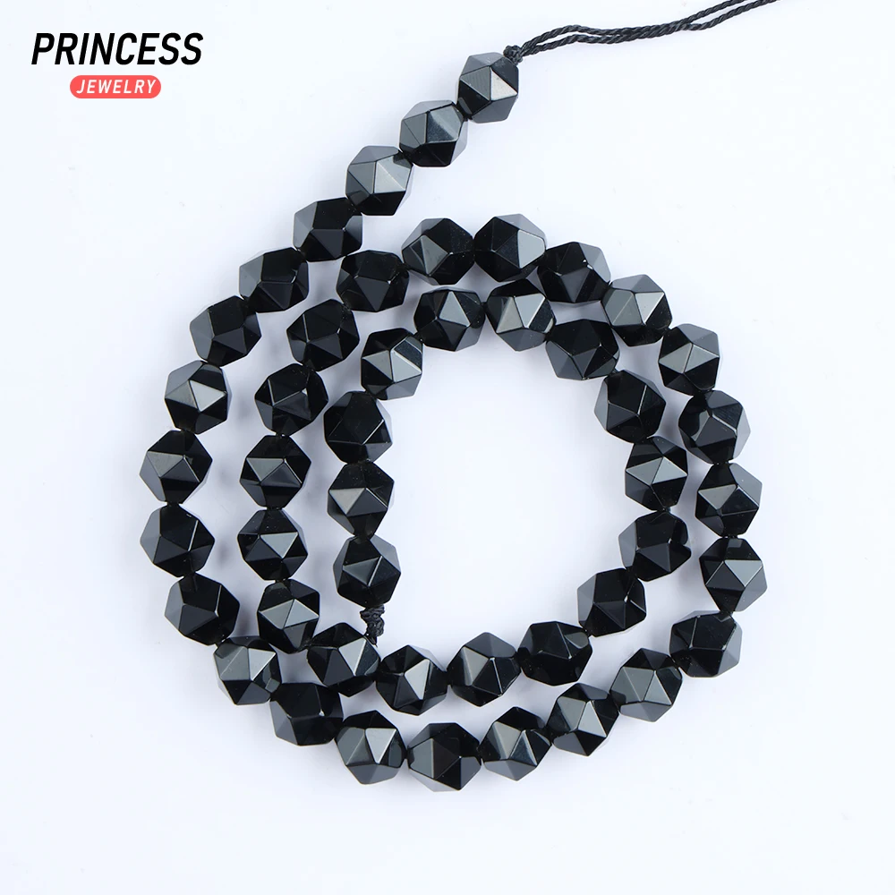 A++ Natural Black Agate Diamond Star Faceted Cut 6/8/10mm Loose Gemstone Beads for Jewelry Making Bracelet DIY Accessories