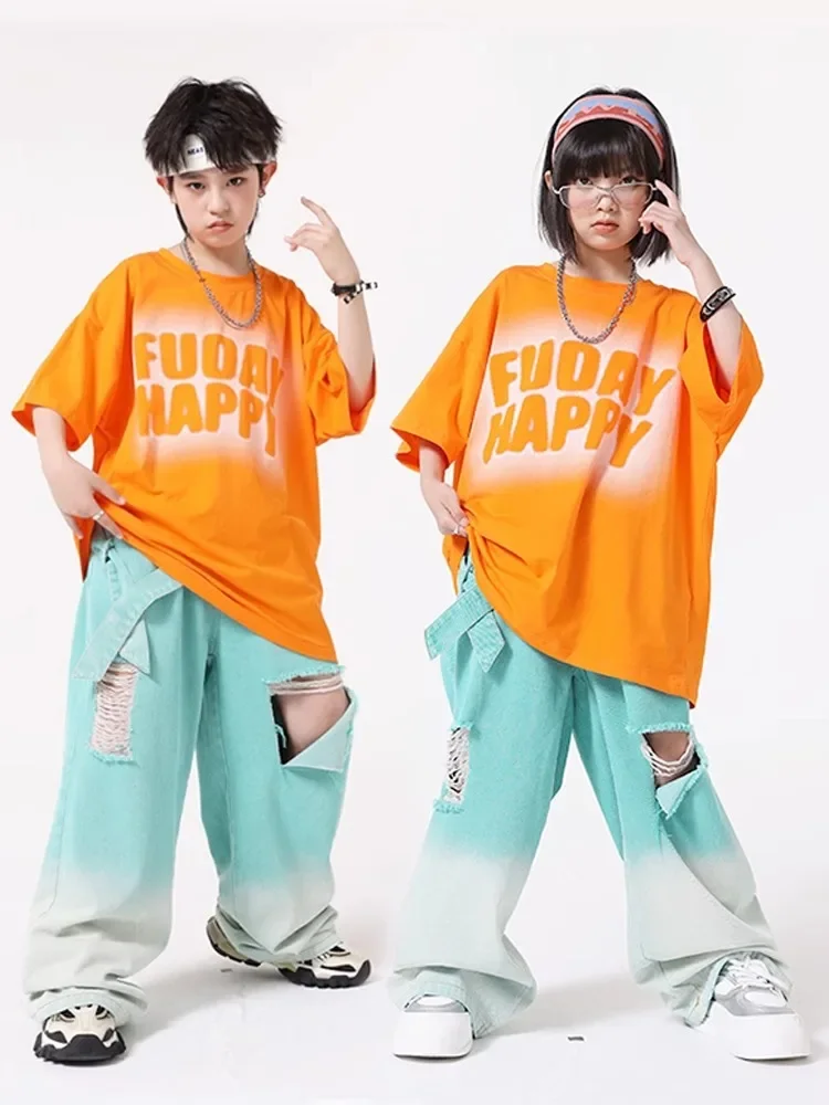 Kid Hip Hop Clothing Orange Graphic Tee T Shirt Top Blue Green Denim Strap Ripped Jeans Pants for Girl Boy Dance Costume Clothes