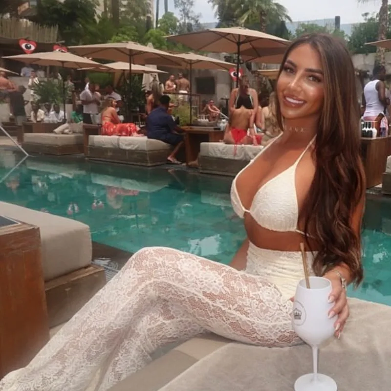

White Lace 3 Piece Set Women Sexy Padded Lace Up Halter Bra + Brief + See Through Flare Pants Vacation Beach Party Clubwear Suit