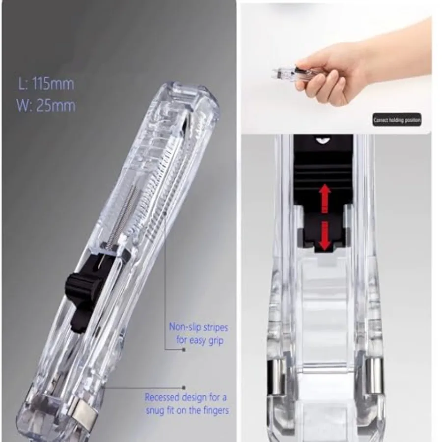 Dispensador de clips de almeja de papel portátil, cortapapeles rápido con 50 clips metálicos plateados reutilizables para documentos de escritorio y oficina