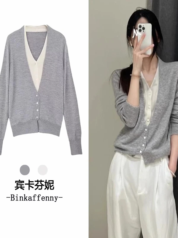 Color Block Knitted Open Cardigan Women's Spring 2026 New Loose Outer Design Sweater Top Jacket Fake Two-Piece V-neck Button