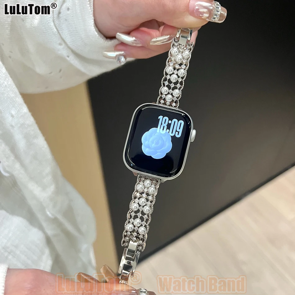 Элегантный женский ювелирный ремешок для Apple Watch 11 10 9 8 7 6 5 4 3 SE Ult с жемчугом и цирконами, для серий Iwatch 38 40 41 42 44 45 46 49 мм