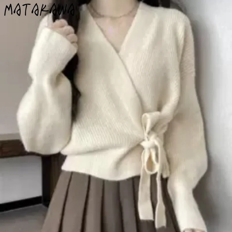 Matakawa Bandage Short Cardigans Autumn Winter V Neck Lantern Sleeve Solid Women Sweaters Korean Fashion Loose Sueteres Mujer