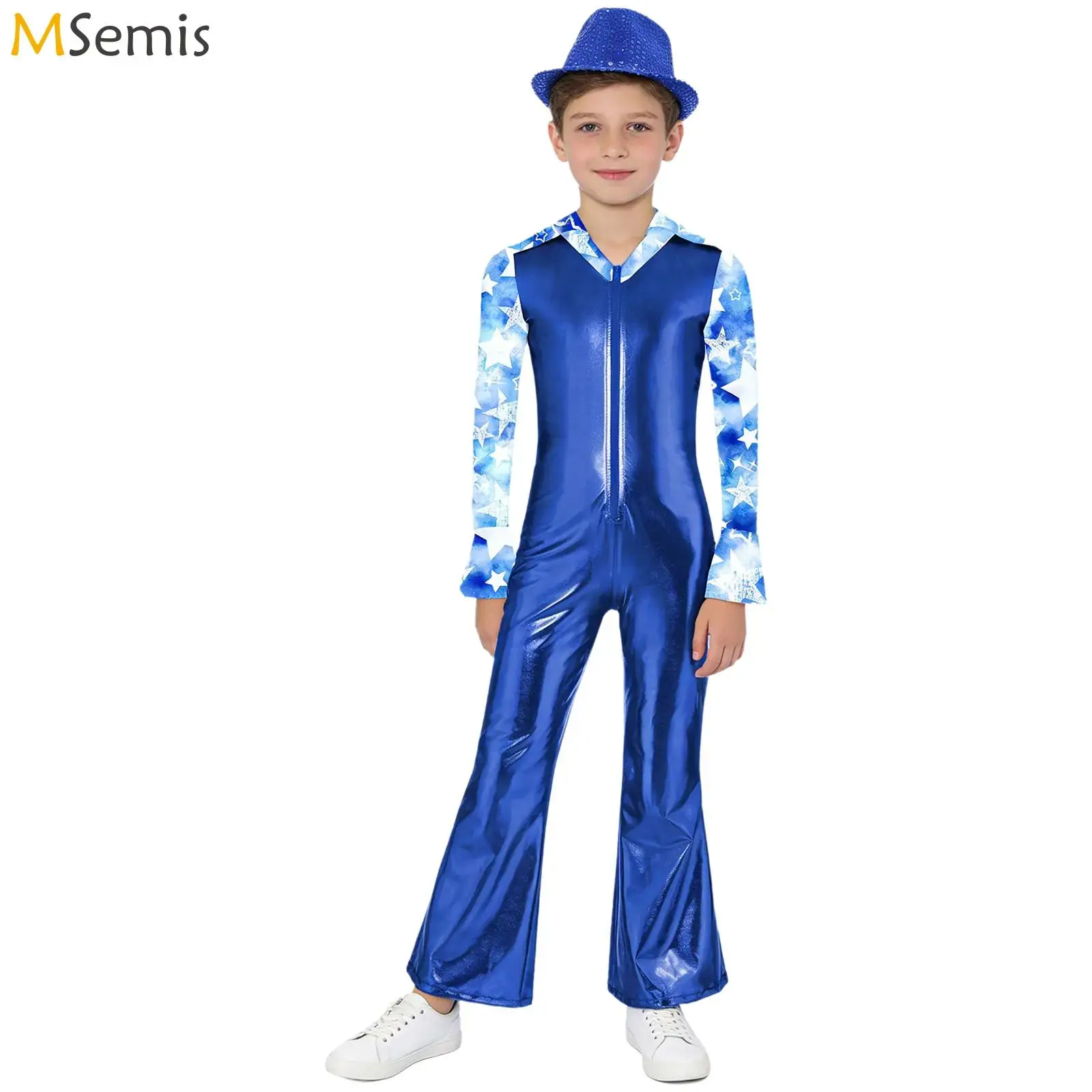 

Kids Boys Shiny Metallic Disco Jumpsuit Hip Hop Jazz Dance Costume Sleeve Front Zipper Bell-bottomed Pants Bodysuit with Hat