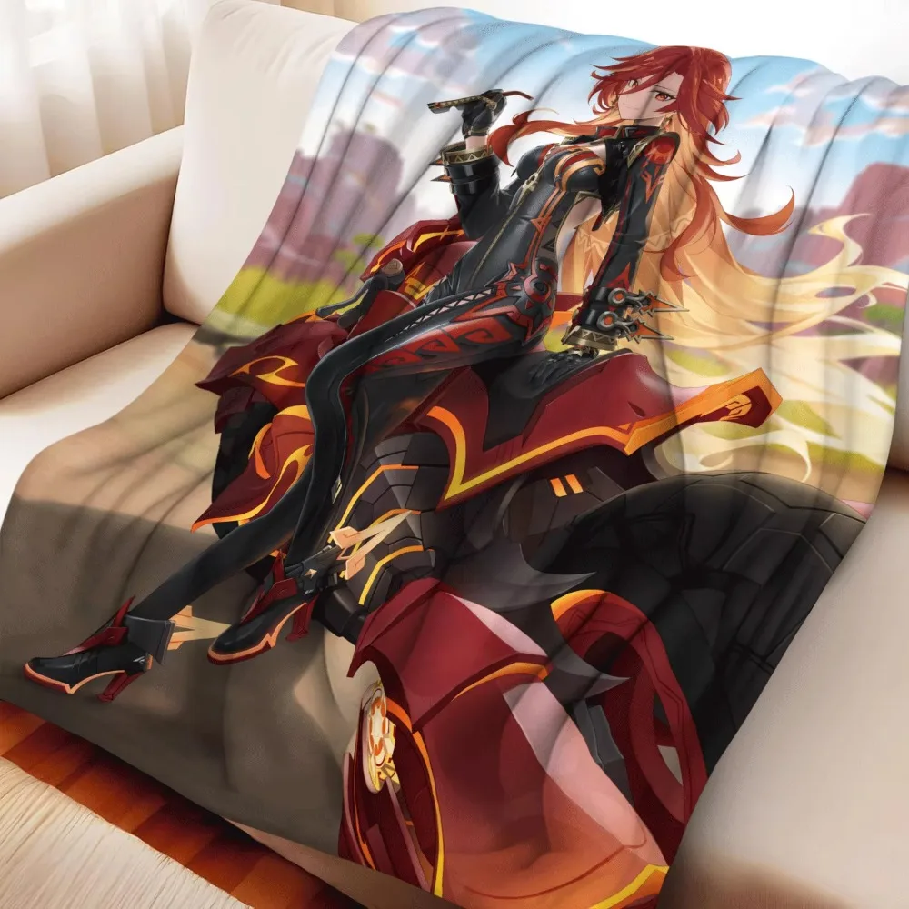 Flannel Throw Blanket Mavuika Anime Red Long Hair Girl On Motorcycle Print Soft Warm Lightweight Sofa Bed Blanket Home Decor