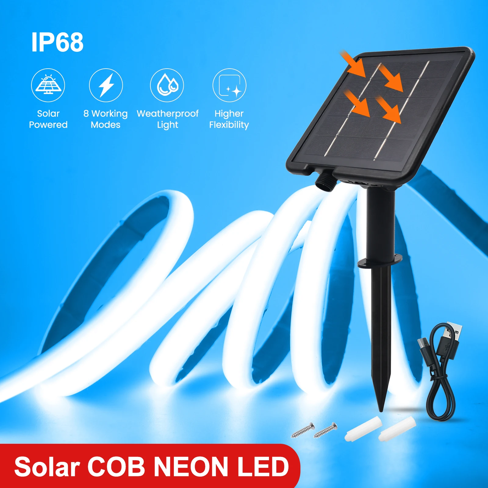 IP68 Waterproof Solar COB Neon LED Strip Light 24V 320LEDs Flexible Rope Lights White/Red/Green/Blue/Pink Outdoor Lighting