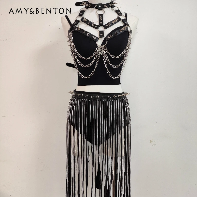 

European American Punk Rivet Chain Corset Leather Women's Vest Gothic Dark Design Tassel Skirt Stage Performance Sets Ladies