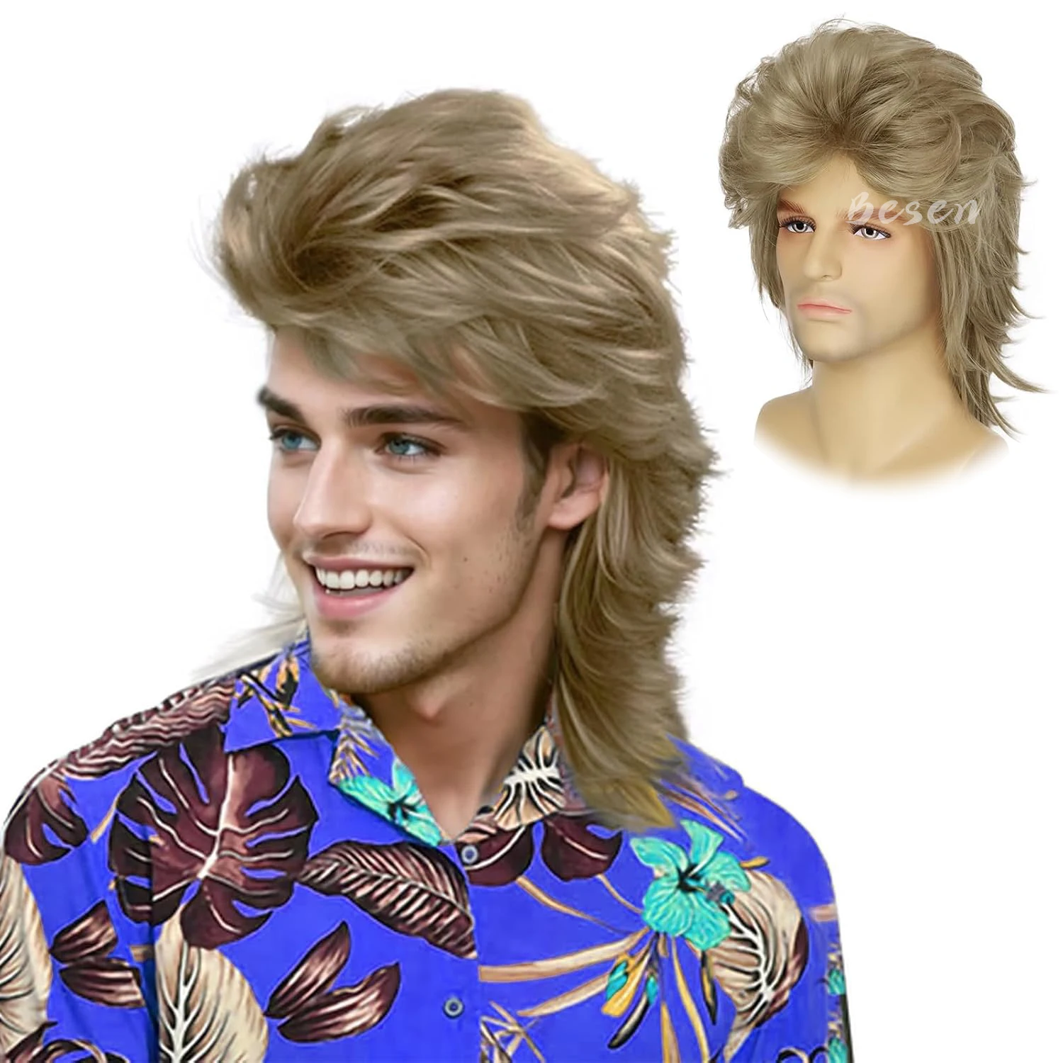 Synthetic Blonde Mullet Wigs for Men Costume 80s Funny Wigs Pop Rock Wig for 70s Mens Fancy Party Cosplay Halloween