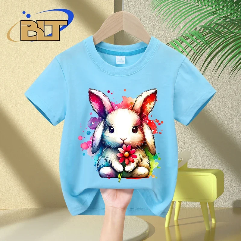 T-shirt de manga curta para menino e menina, top casual de algodão coelhinho, verão