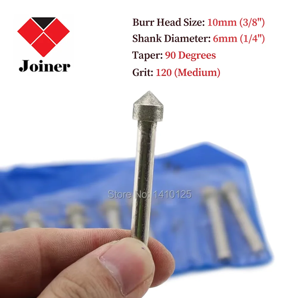 10Pcs CONICAL 10mm 3/8'' Diamond Coated Rotary Die Grinder Points Burrs Burr 6mm 1/4'' Shank Grit 120 14# for Jewelry Gemstone