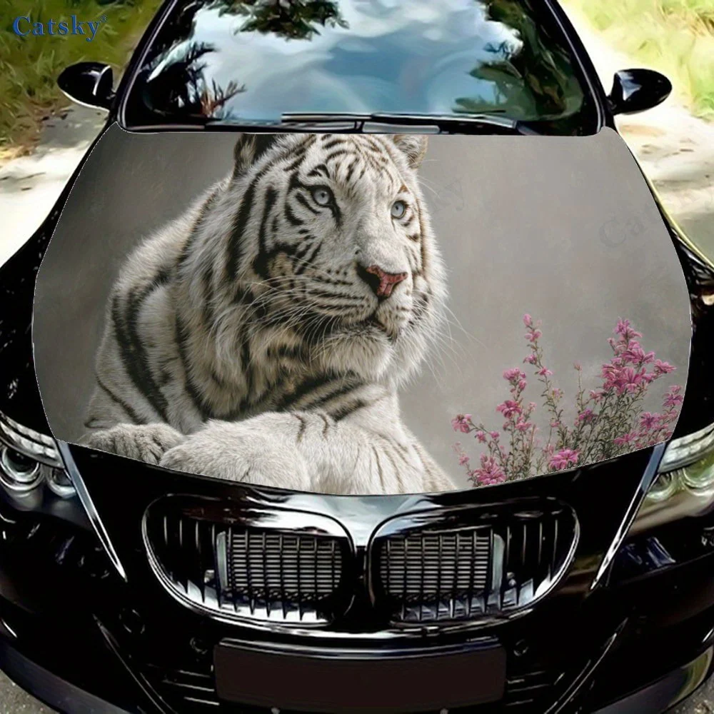 

Изящный белый тигр и красивые цветы, наклейка на капот автомобиля, персонализированная и модная авто художественная наклейка, самоклеящаяся водонепроницаемая автомобильная наклейка