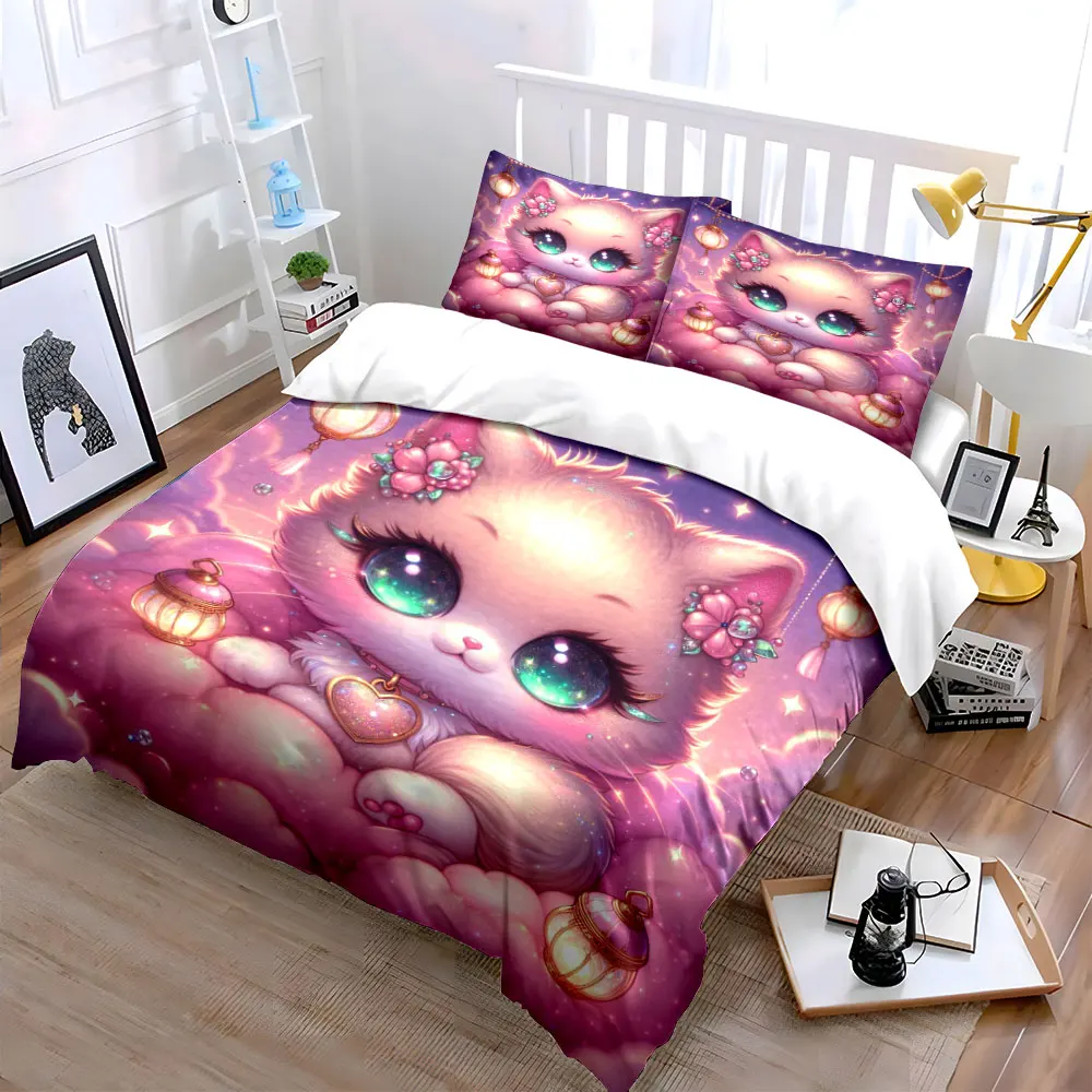 Fantasy Cat with Pink Lanterns Printed Duvet Cover Set1 Duvet Cover+2 PillowcaseMulti Size Bedroom Bedding Decor Luxury gifts