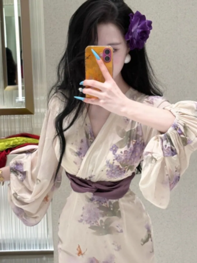 

Ele Purple Long Sve Qipao Dr Женский модный китайский Sle Ранняя осень Улучшенная версия Сексуальный дизайн талии