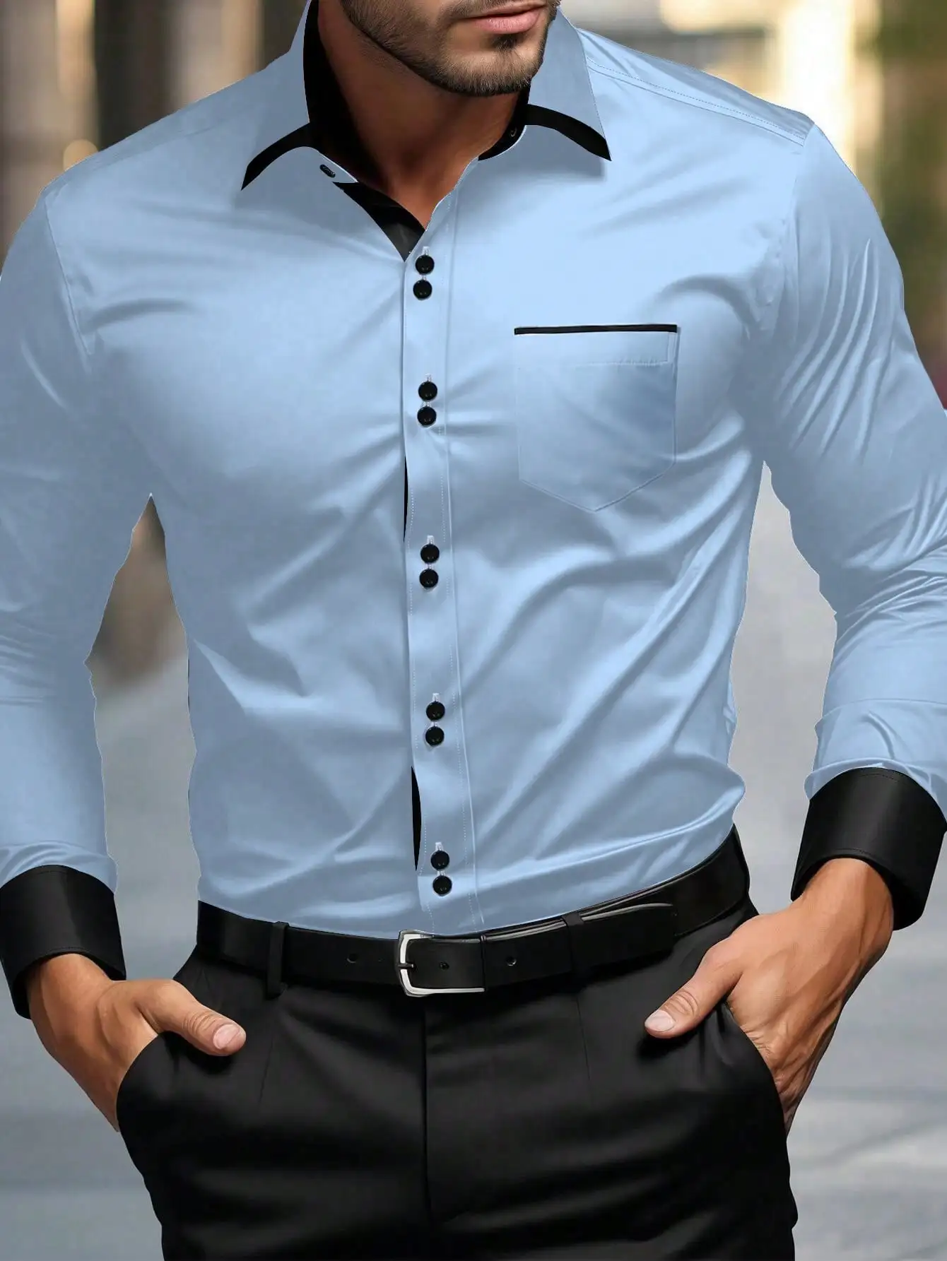 Men's Light Blue Solid Long Sleeve Casual Shirt with Black Trim