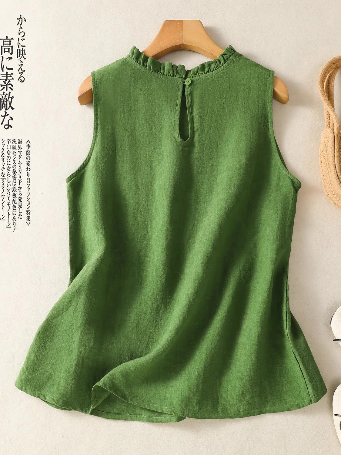 Green Linen Crop Top Women Summer Outdoor Wear Gored Collar Sleeveless Inner Match Strap Cotton Linen Top Loose Fit Thin Model
