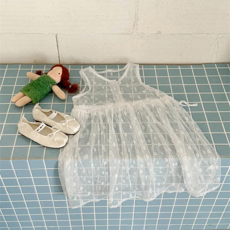 

Girls Lace Dress 2025 New Summer Sweet Children's Mesh Jackets Princess Cool Thin Vest Gown Kids Spring Fashion Clothes 2-8Y
